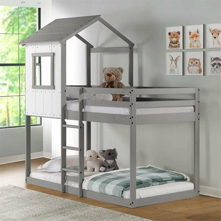 KD GABINETES Tree House Bunk Bed Rustic White Wall & Light Grey Roof & Frame KD2634042